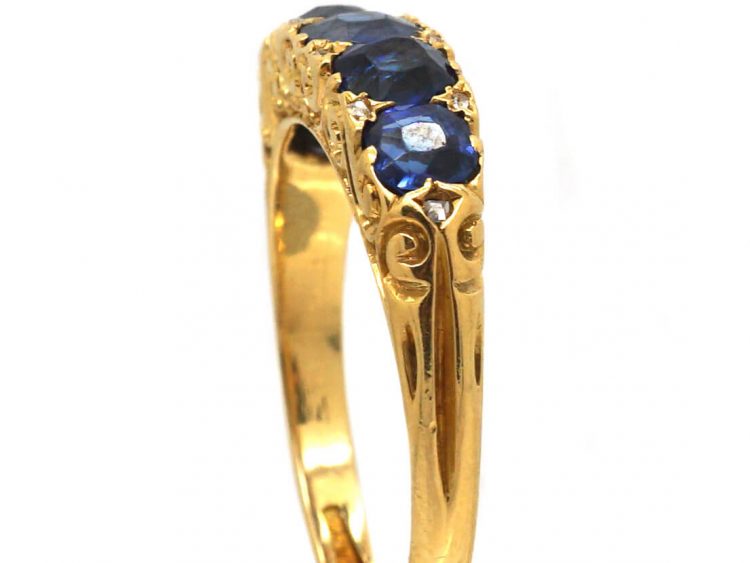 Victorian 18ct Gold Five Stone Sapphire Carved Half Hoop Ring with Rose Diamond Points