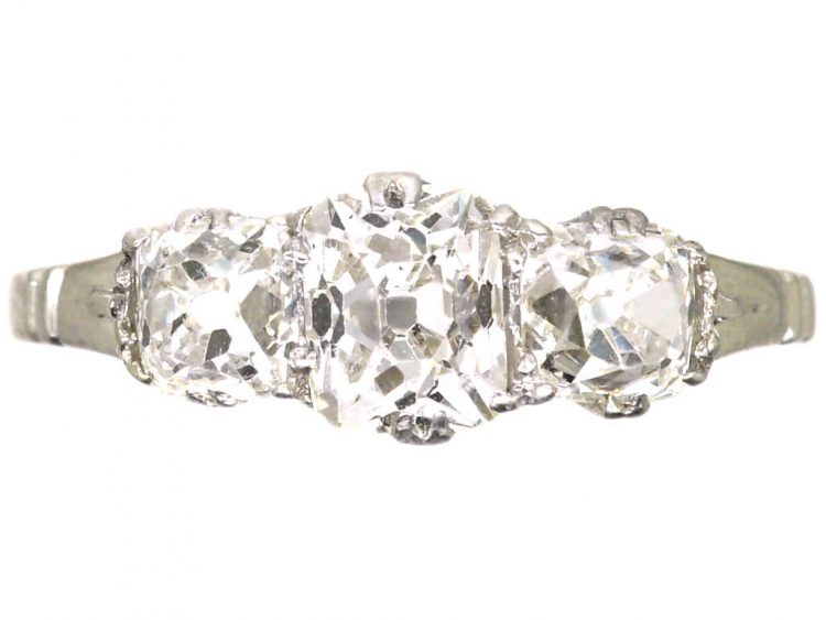 Early 20th Century Platinum, Old Mine Cut Three Stone Diamond Ring