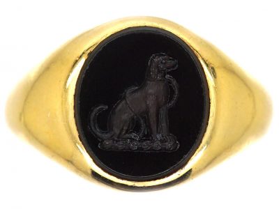 Edwardian 18ct Gold Signet Ring with Onyx Intaglio of a Dog