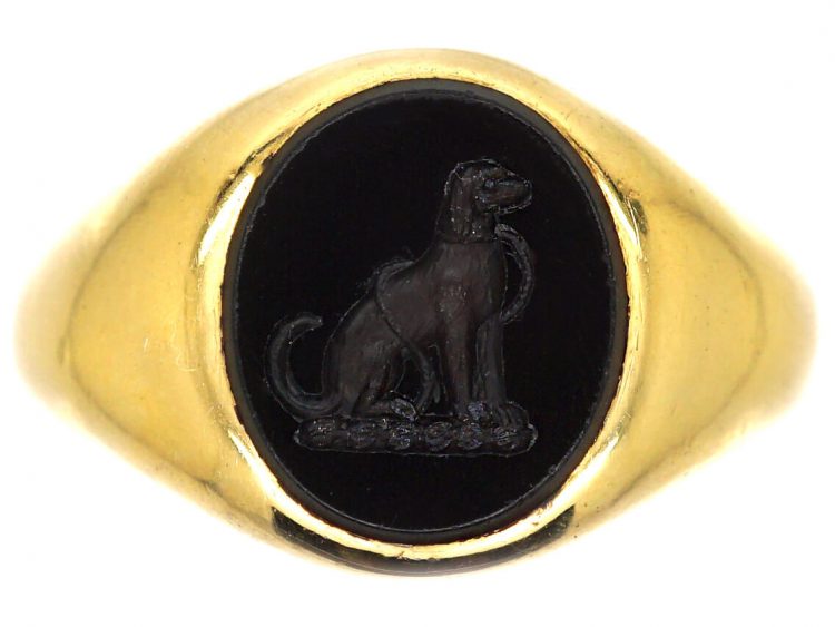 Edwardian 18ct Gold Signet Ring with Onyx Intaglio of a Dog