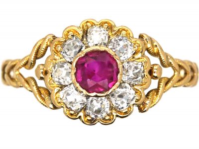 Edwardian 18ct Gold, Ruby & Diamond Cluster Ring with Plaited Shoulders