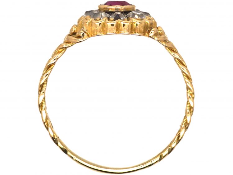 Edwardian 18ct Gold, Ruby & Diamond Cluster Ring with Plaited Shoulders