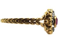Edwardian 18ct Gold, Ruby & Diamond Cluster Ring with Plaited Shoulders