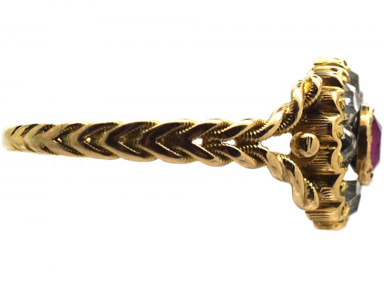 Edwardian 18ct Gold, Ruby & Diamond Cluster Ring with Plaited Shoulders