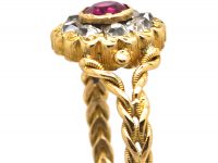 Edwardian 18ct Gold, Ruby & Diamond Cluster Ring with Plaited Shoulders