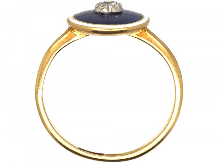 Edwardian 18ct Gold Blue & White Enamel Ring with a Diamond in the Centre