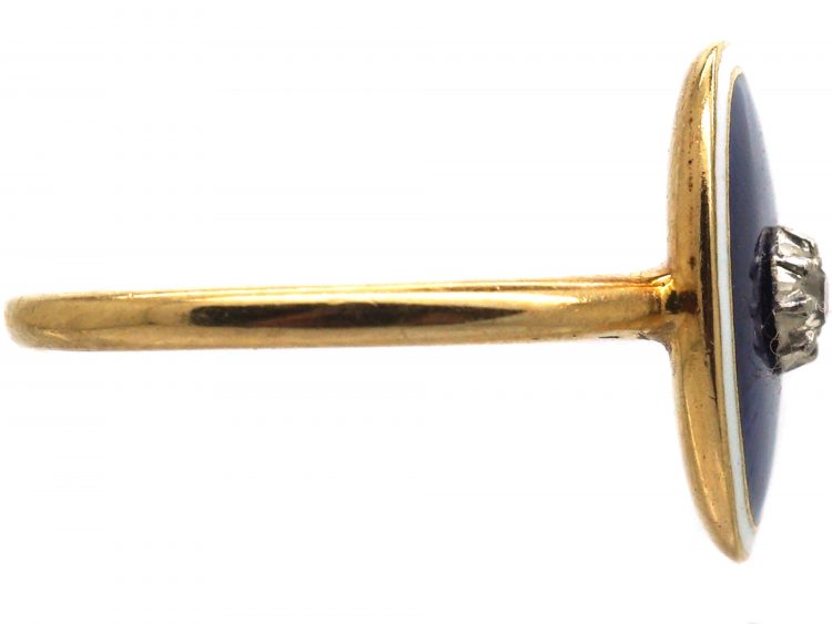 Edwardian 18ct Gold Blue & White Enamel Ring with a Diamond in the Centre