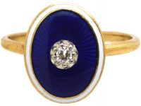Edwardian 18ct Gold Blue & White Enamel Ring with a Diamond in the Centre
