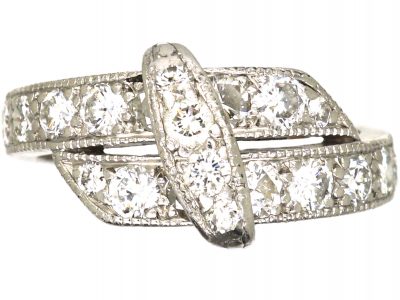 Art Deco Platinum & Diamond Crossover Ring with Buckle Detail