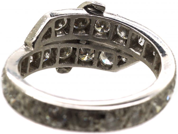 Art Deco Platinum & Diamond Crossover Ring with Buckle Detail