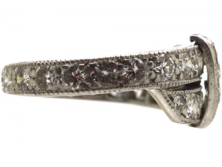 Art Deco Platinum & Diamond Crossover Ring with Buckle Detail