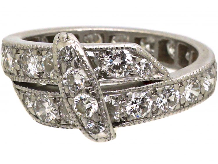 Art Deco Platinum & Diamond Crossover Ring with Buckle Detail