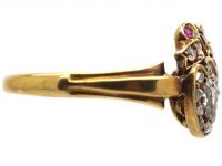 Victorian 18ct Gold Double Heart Ring set with Diamonds, Rubies & an Emerald