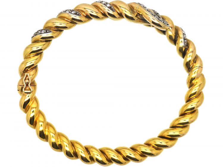 French Belle Epoque 18ct Gold Twist Bangle set with Rose Diamonds