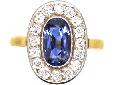 Early 20th Century French 18ct Gold & Platinum, Sapphire & Diamond Oval Cluster Ring
