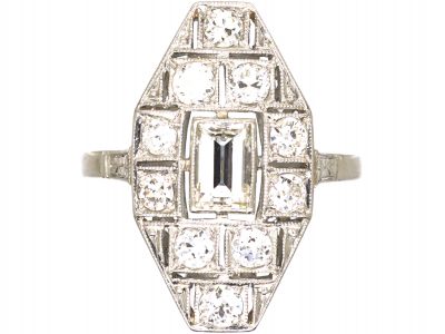 Art Deco Platinum Navette Shaped Ring set with Baguette & Round Diamonds