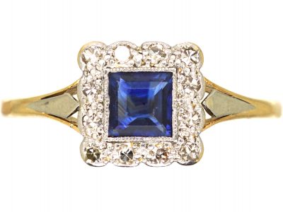 Art Deco 18ct Gold & Platinum, Sapphire & Diamond Square Ring