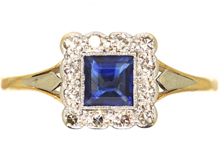 Art Deco 18ct Gold & Platinum, Sapphire & Diamond Square Ring