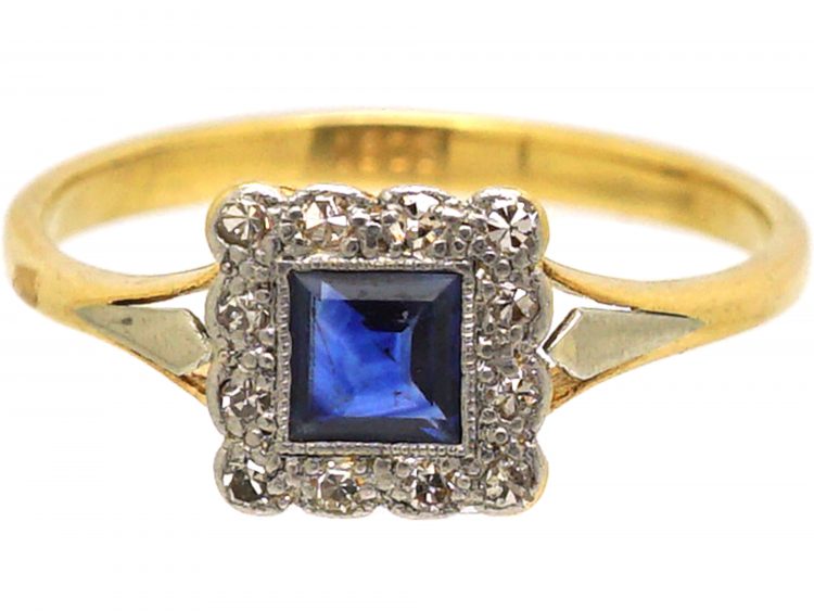 Art Deco 18ct Gold & Platinum, Sapphire & Diamond Square Ring