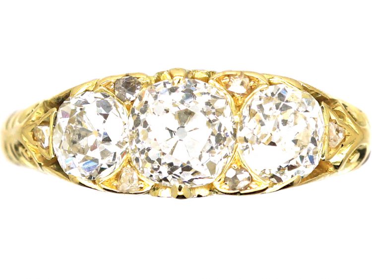 Victorian 18ct Gold, Three Stone Diamond Carved Half Hoop Ring