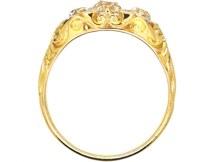 Victorian 18ct Gold, Three Stone Diamond Carved Half Hoop Ring