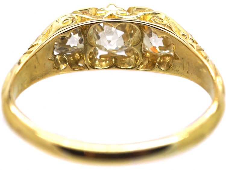 Victorian 18ct Gold, Three Stone Diamond Carved Half Hoop Ring