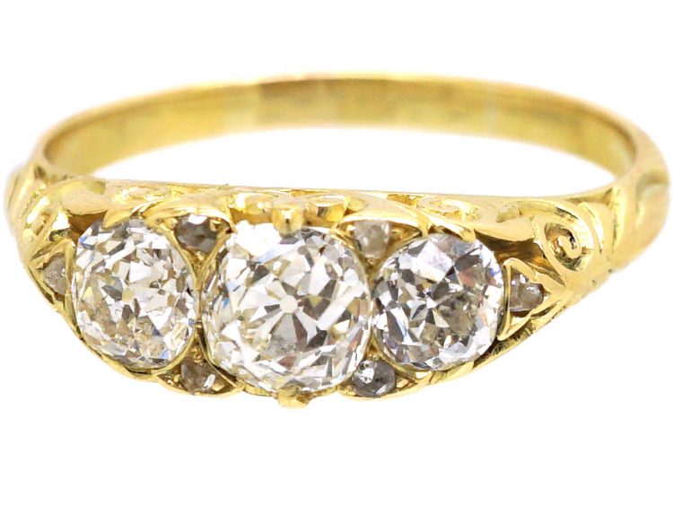Victorian 18ct Gold, Three Stone Diamond Carved Half Hoop Ring