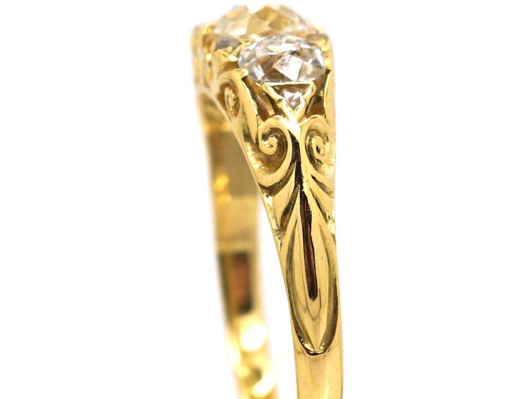 Victorian 18ct Gold, Three Stone Diamond Carved Half Hoop Ring