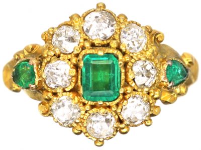 Regency 18ct Gold Emerald & Diamond Cluster Ring with Emerald Set Shoulders