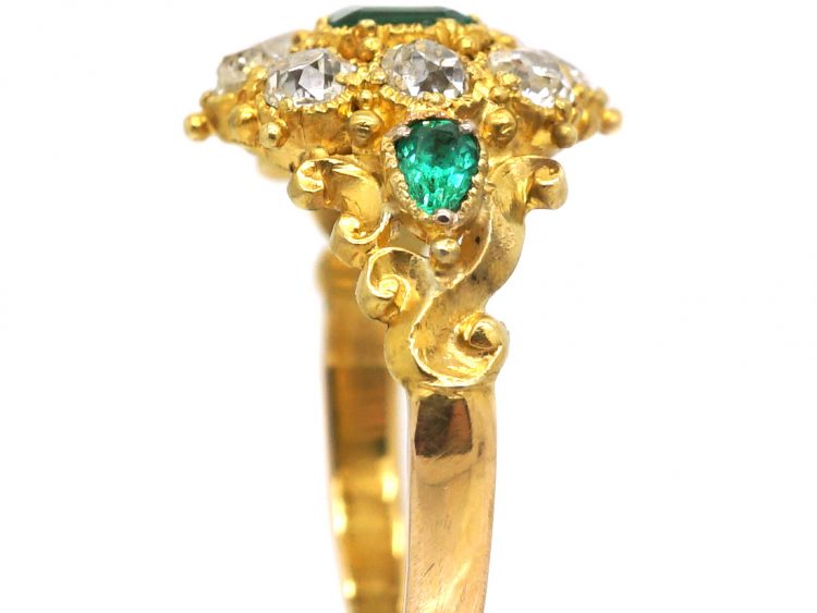 Regency 18ct Gold Emerald & Diamond Cluster Ring with Emerald Set Shoulders