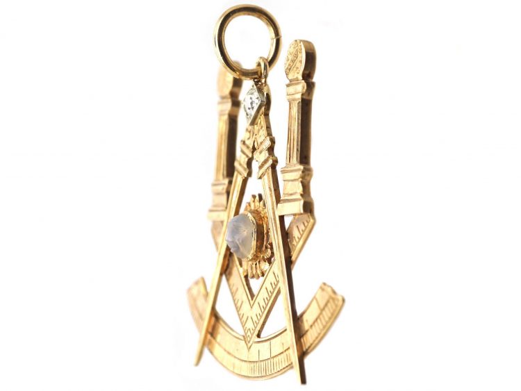 Edwardian 15ct Gold Masonic Pendant set with a Carved Moonstone Face & a Diamond