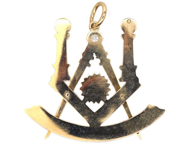 Edwardian 15ct Gold Masonic Pendant set with a Carved Moonstone Face & a Diamond