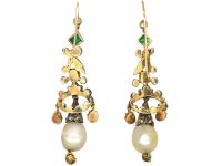 Georgian Emerald & Diamond & Natural Pearl Drop Coronet Earrings in Case
