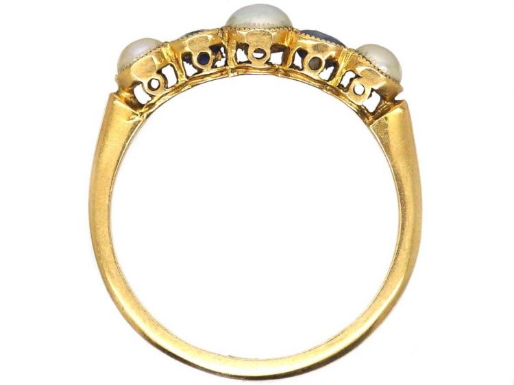 Edwardian 18ct Gold, Five Stone Sapphire & Natural Split Pearl Ring