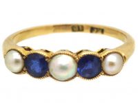 Edwardian 18ct Gold, Five Stone Sapphire & Natural Split Pearl Ring