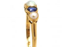 Edwardian 18ct Gold, Five Stone Sapphire & Natural Split Pearl Ring