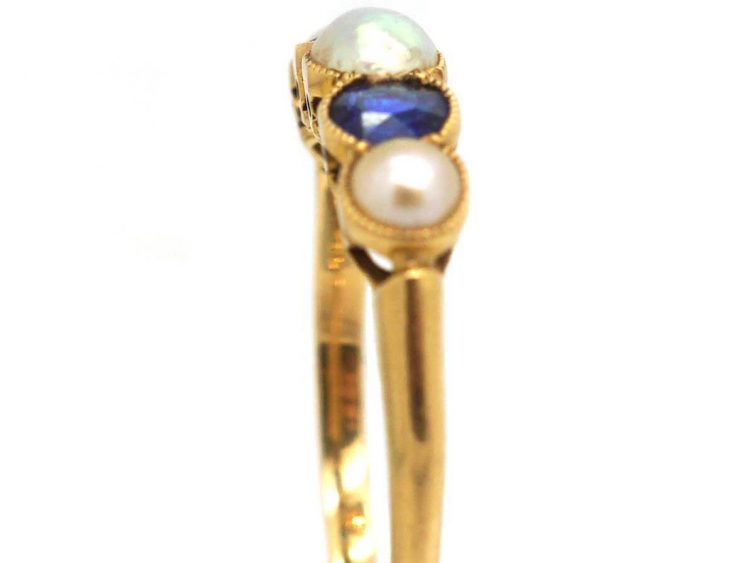 Edwardian 18ct Gold, Five Stone Sapphire & Natural Split Pearl Ring