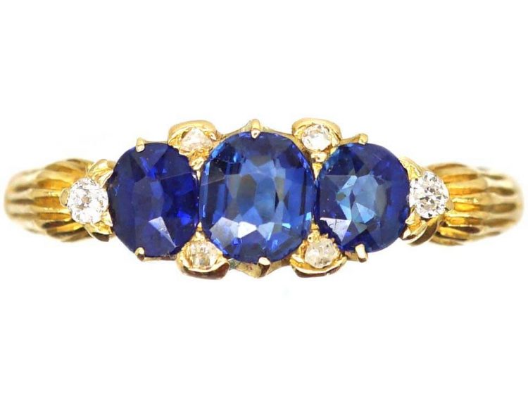 Edwardian 18ct Gold, Three Stone Sapphire Ring with Diamond Points