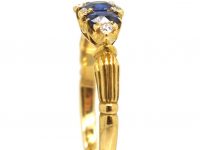 Edwardian 18ct Gold, Three Stone Sapphire Ring with Diamond Points