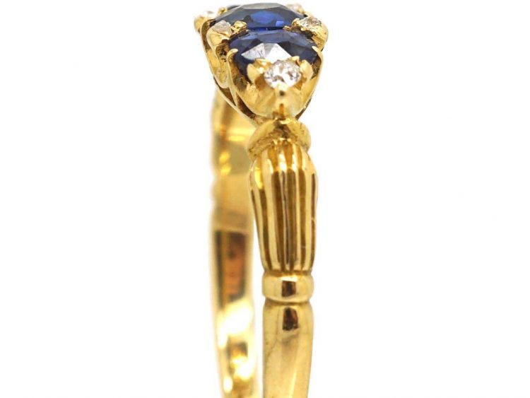 Edwardian 18ct Gold, Three Stone Sapphire Ring with Diamond Points