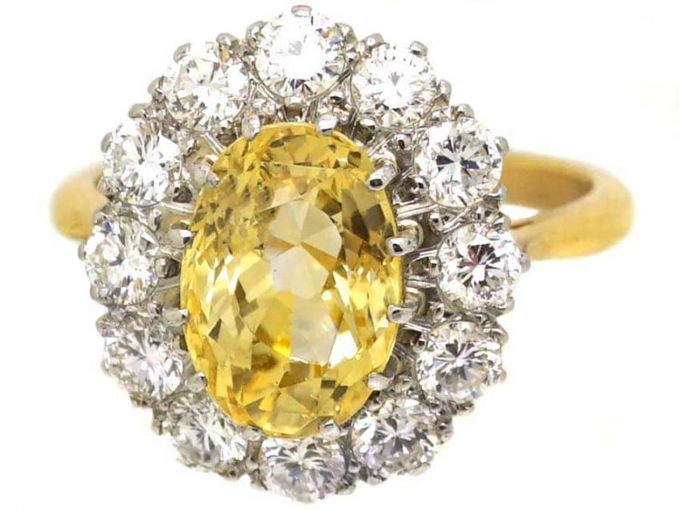 Retro 18ct Gold & Platinum, Yellow Sapphire & Diamond Cluster Ring