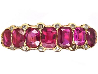 Victorian 18ct Gold Seven Stone Ruby Carved Half Hoop Ring with Diamond Points