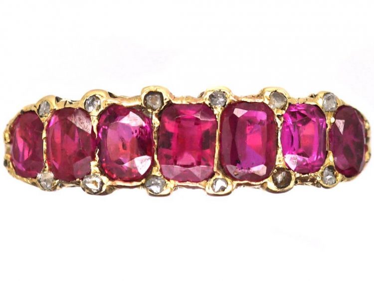 Victorian 18ct Gold Seven Stone Ruby Carved Half Hoop Ring with Diamond Points