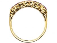 Victorian 18ct Gold Seven Stone Ruby Carved Half Hoop Ring with Diamond Points