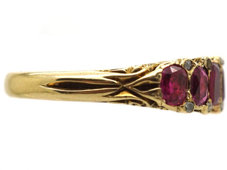 Victorian 18ct Gold Seven Stone Ruby Carved Half Hoop Ring with Diamond Points
