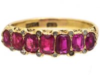 Victorian 18ct Gold Seven Stone Ruby Carved Half Hoop Ring with Diamond Points