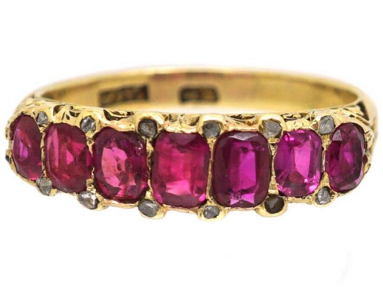 Victorian 18ct Gold Seven Stone Ruby Carved Half Hoop Ring with Diamond Points