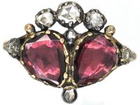 Georgian Double Heart Ring set with Garnets & Rose Diamonds