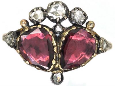 Georgian Double Heart Ring set with Garnets & Rose Diamonds