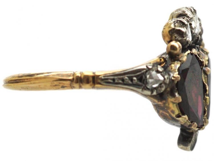 Georgian Double Heart Ring set with Garnets & Rose Diamonds